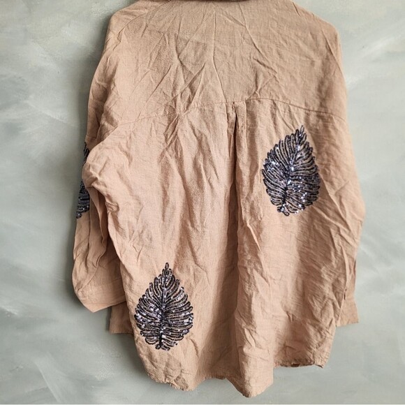 Mia Noura Sequin Leaves Embroidered Button Down Blouse Oversize Made in Turkey - Picture 2 of 9